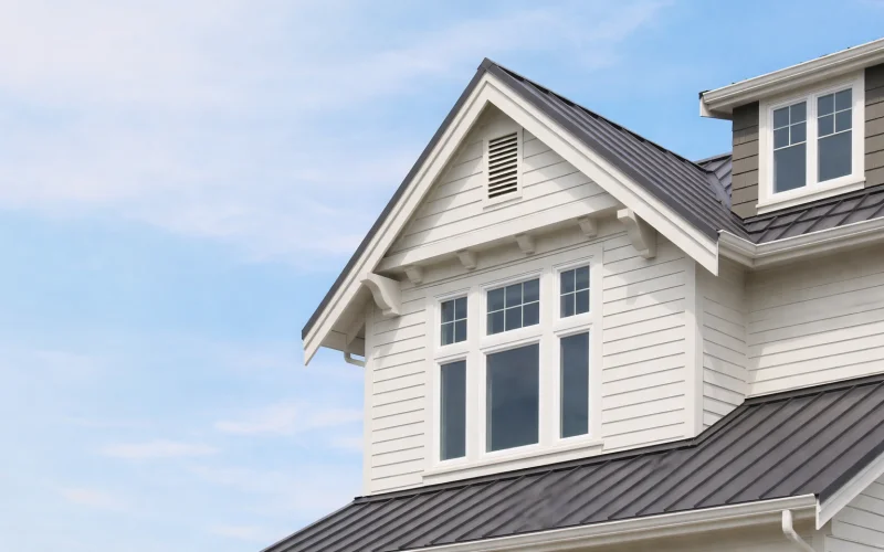 White home with a grey metal roof installed by WinChoice